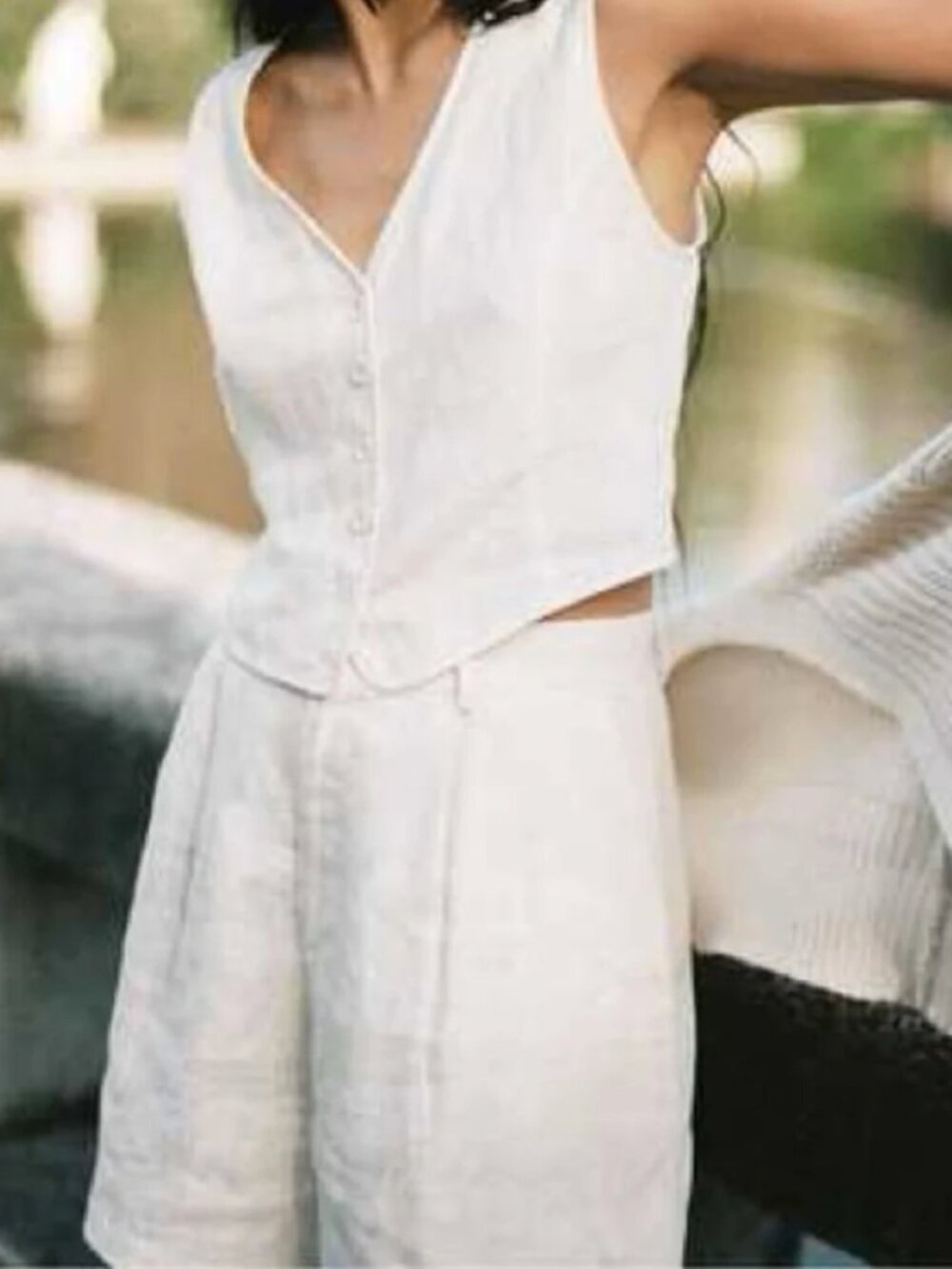 OZMA Cream Linen Vest and Shorts Set Size Medium